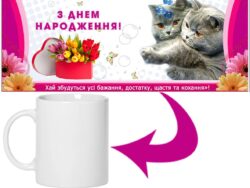 Чашка “З Днем Народження” із котиками, квітами та побажаннями